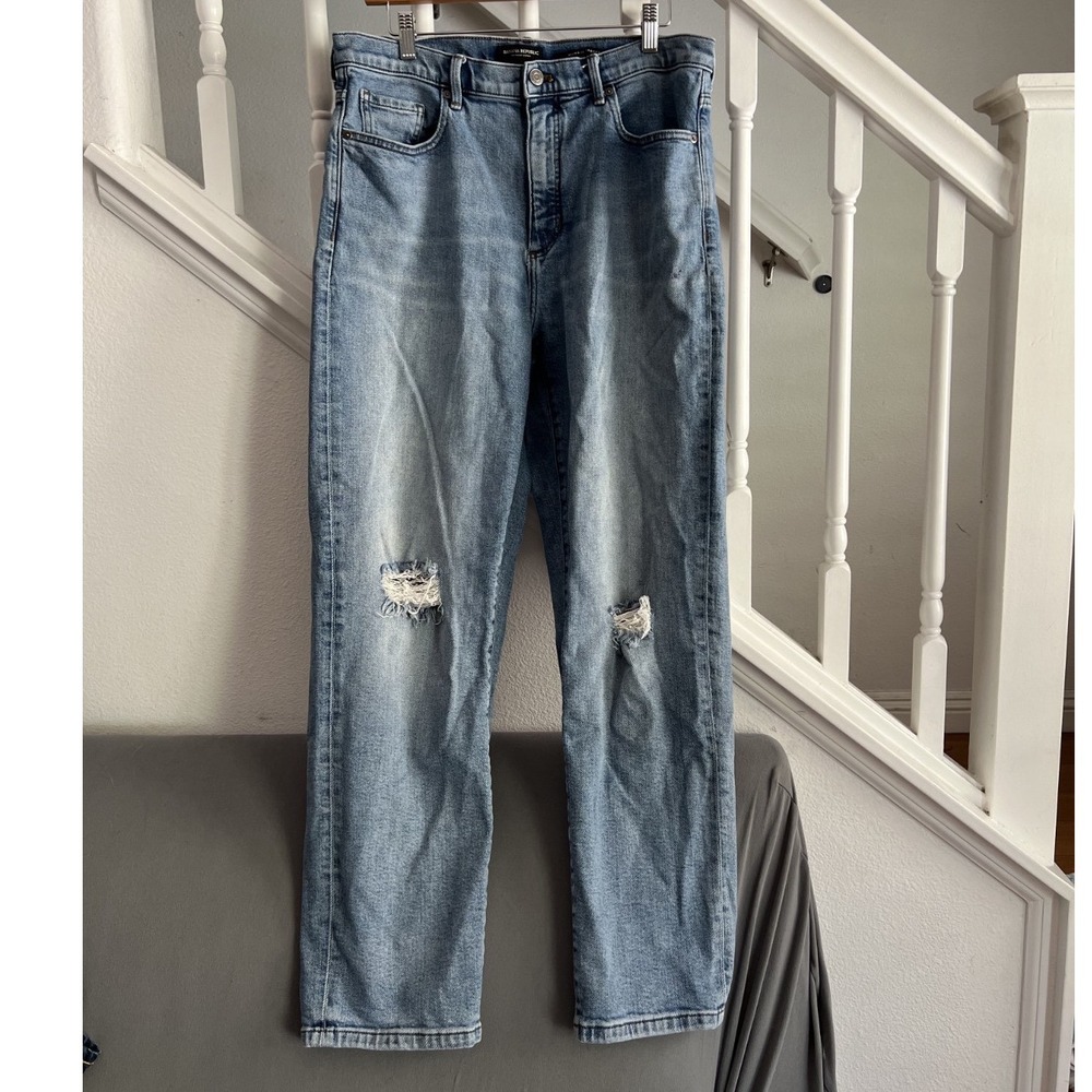 Banana Republic Premium Denim High-Rise Straight Leg Distressed Jeans Blue 32